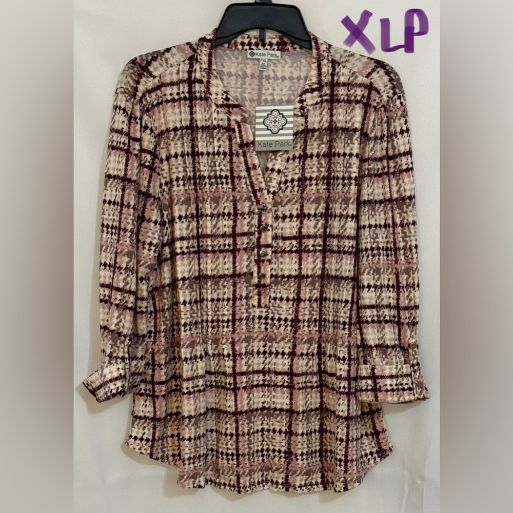 Kate & Mallory Plaid Blouse - Burgundy and Cream